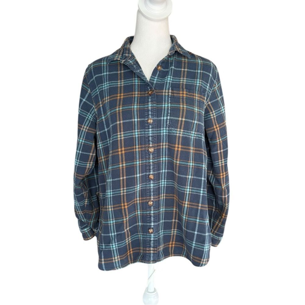 LL Bean Flannel Button Down Shirt Blue Orange Plaid Organic Cotton Womens Medium